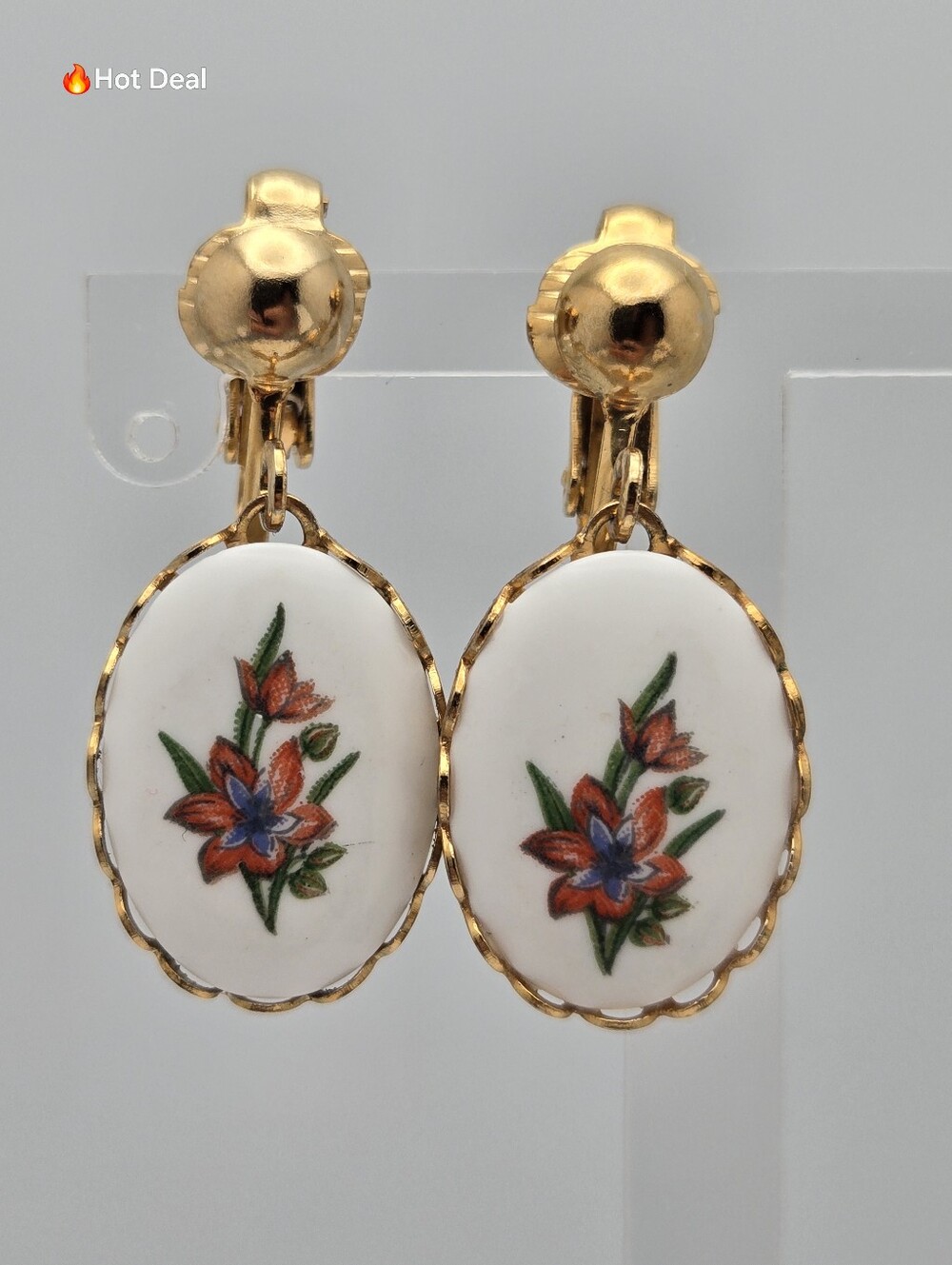 Floral Cameo Clip On Earrings Pink Rose Gold Tone Victorian 1" Vintage
